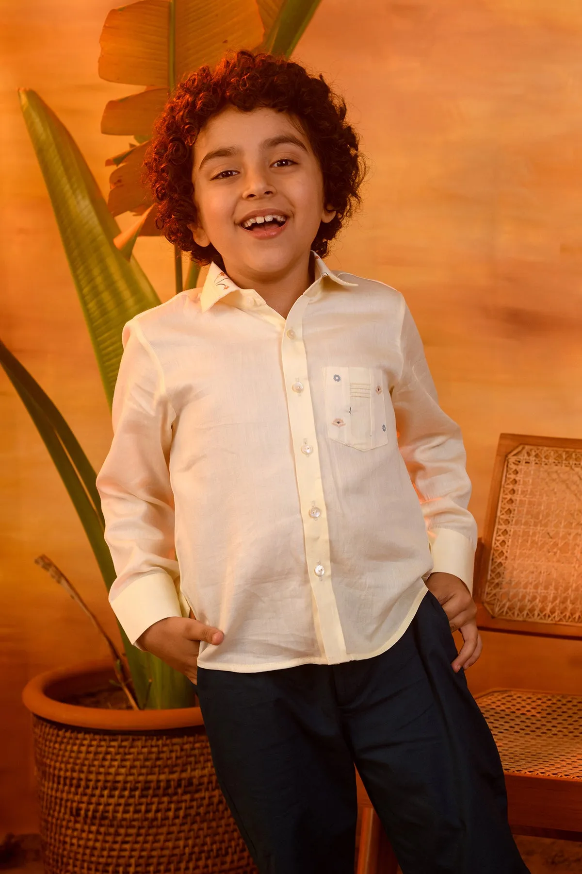 Summer Dandelion- Pastel Yellow Cotton Satin Shirt For Boys