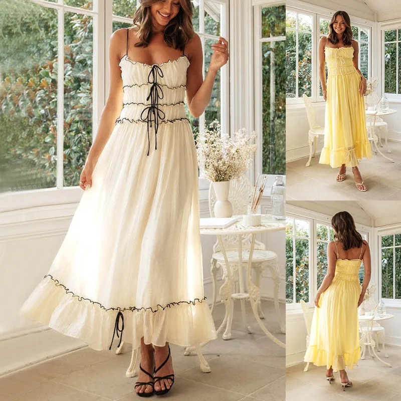 Sunny Skies Bow Pleat Spaghetti Strap Long Dress