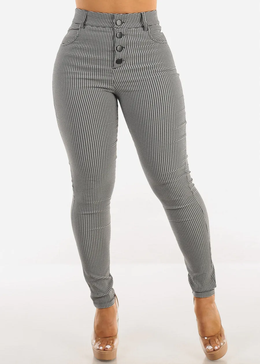 Super High Waist Checkered Skinny Pants Black