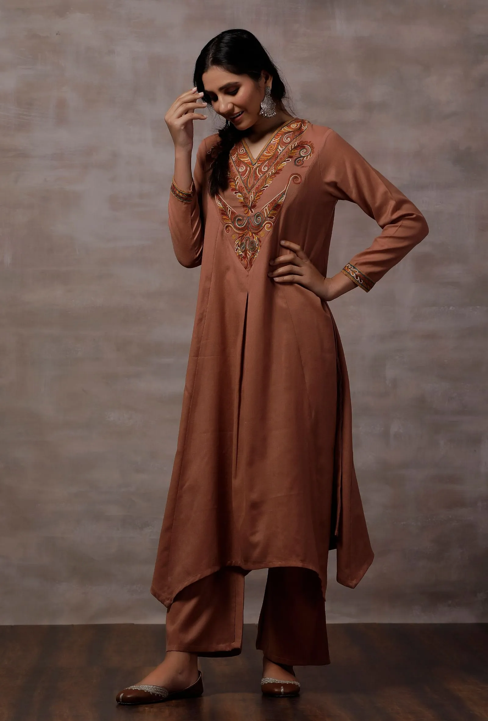 Tara Taupe Asymmetrical Woollen Kurta