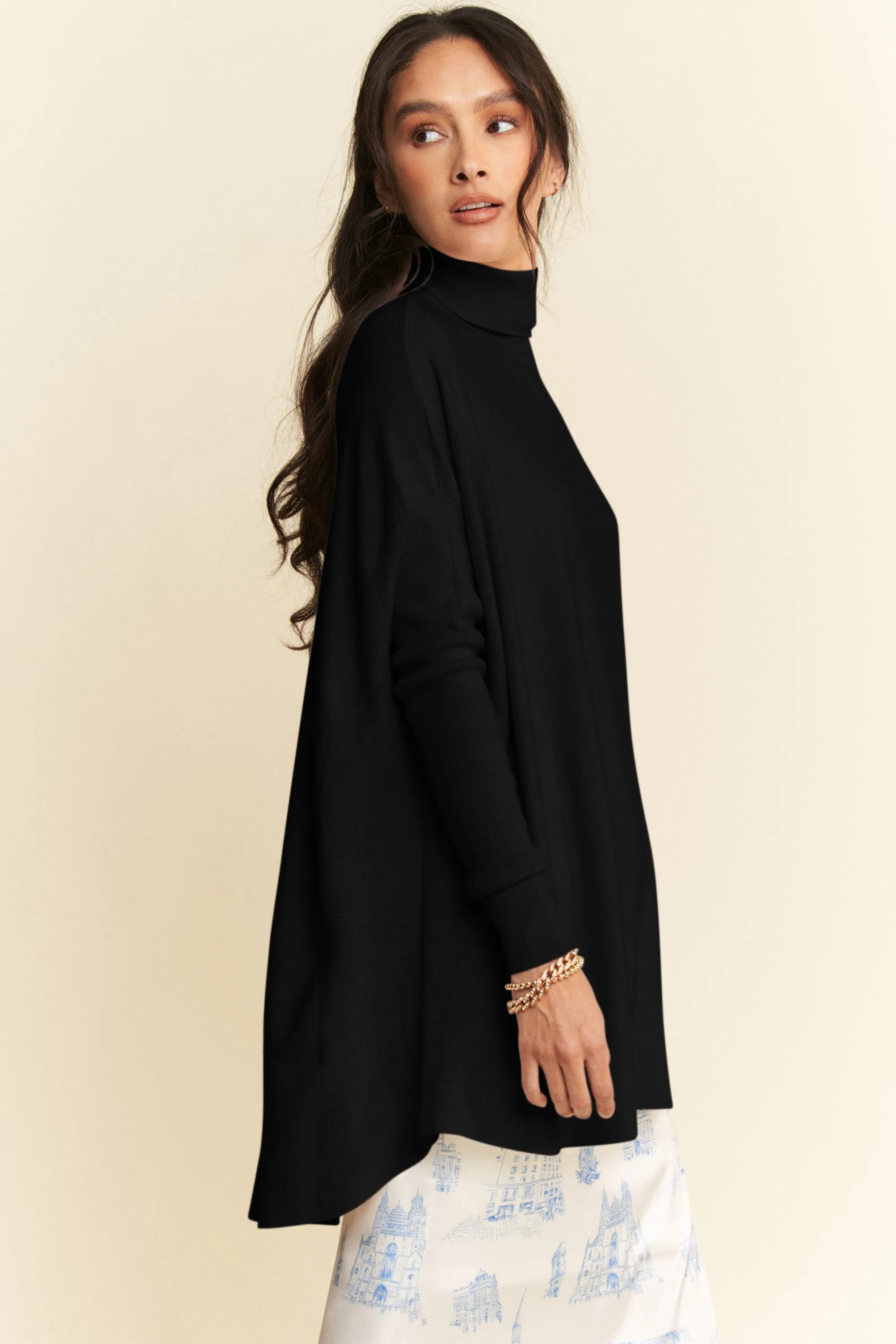 TEEK - Black High-Low Turtleneck Long Sleeve Knit Top