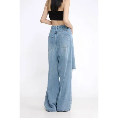 THELIGHT women's light wash jeans torn wide leg straight high waist pants