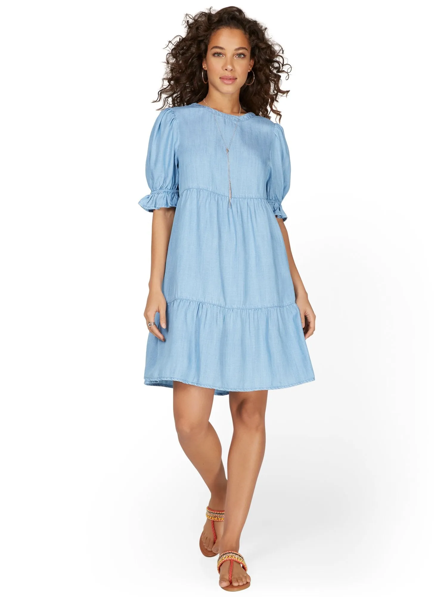 Tiered Tencel Dress with Puff Sleeve