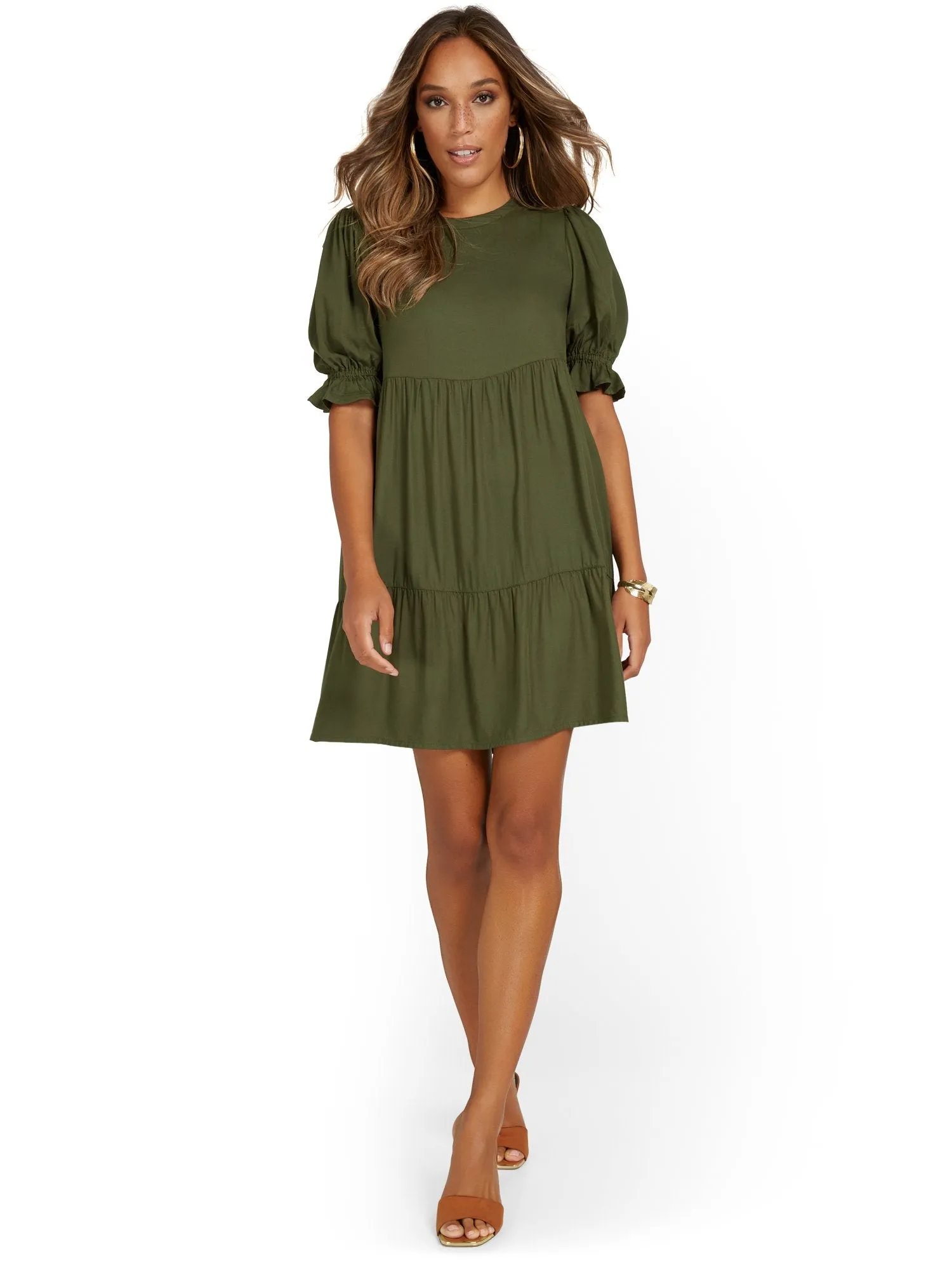 Tiered Tencel Dress with Puff Sleeve