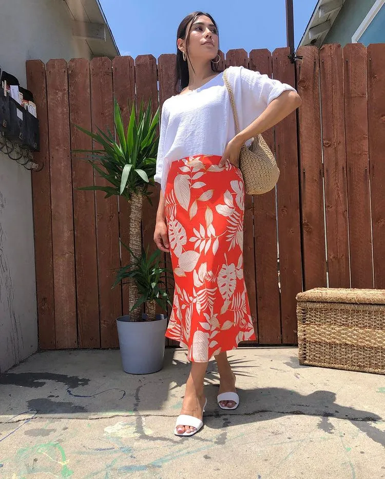 Tropical Print Satin Skirt