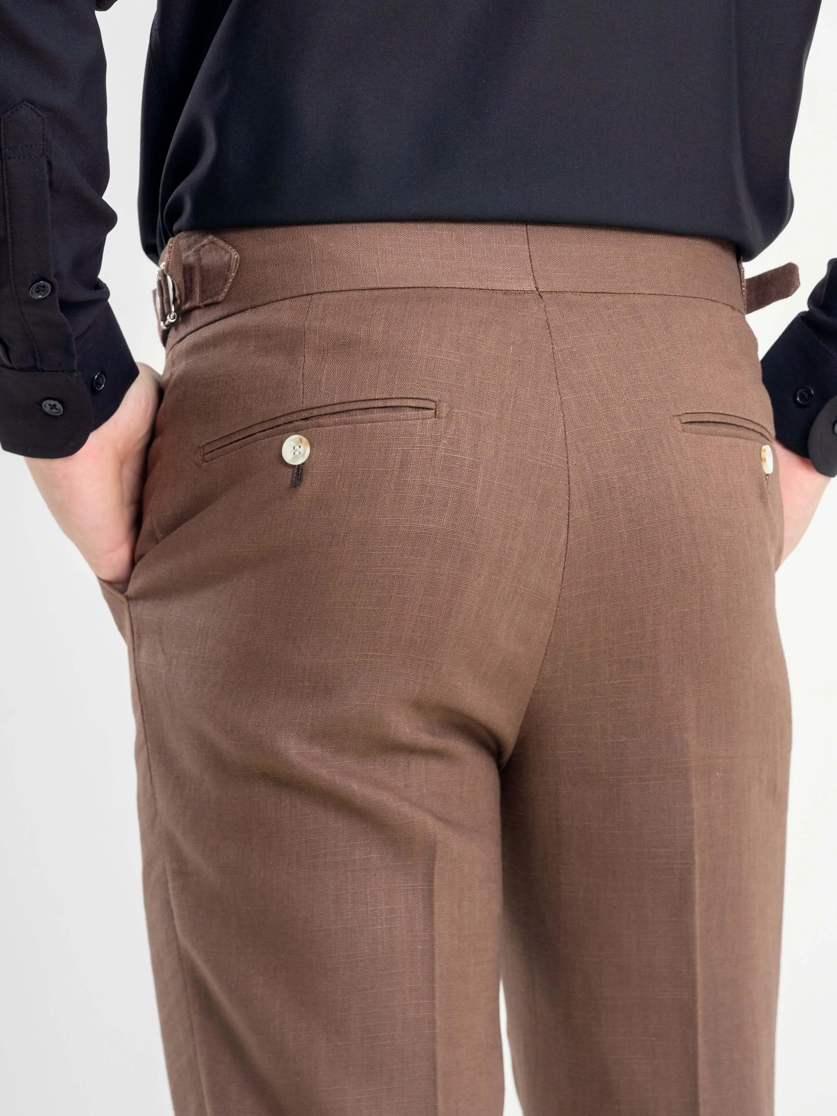 Trousers With Side Adjusters -  Linen Coffee Plain