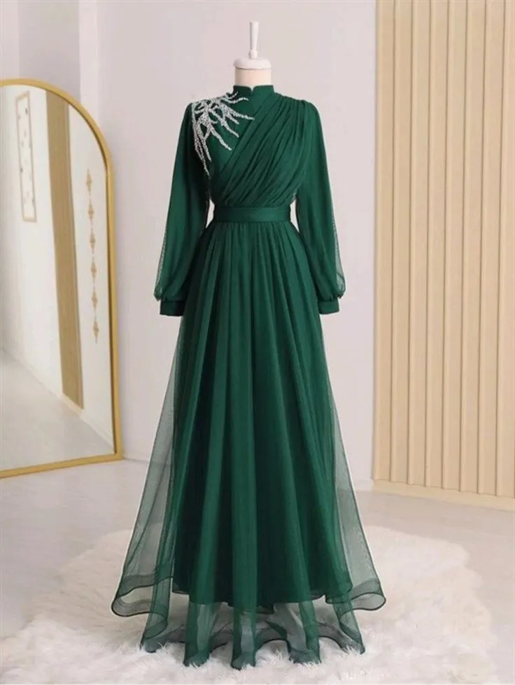 Tulle Beaded Muslim Evening Dresses Long Sleeve Formal Party Prom Gown High Neck Dress     fg5971