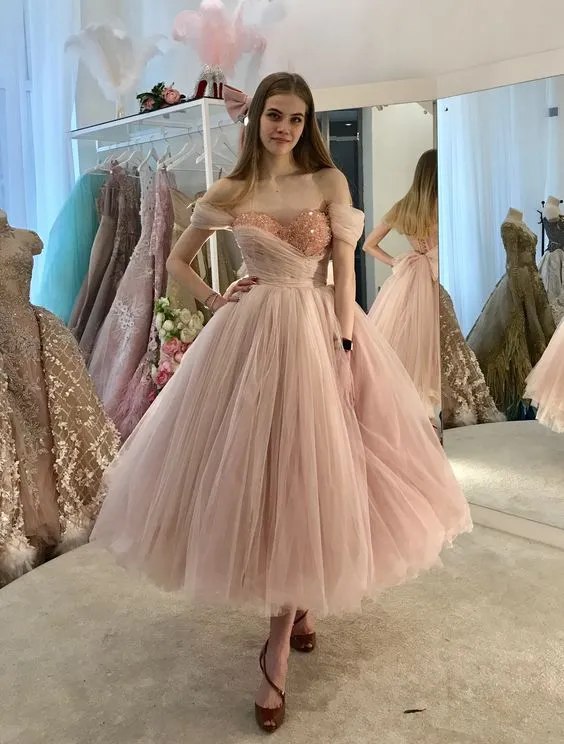 Tulle Pink Prom Dress Tea Length Prom Dress      fg398