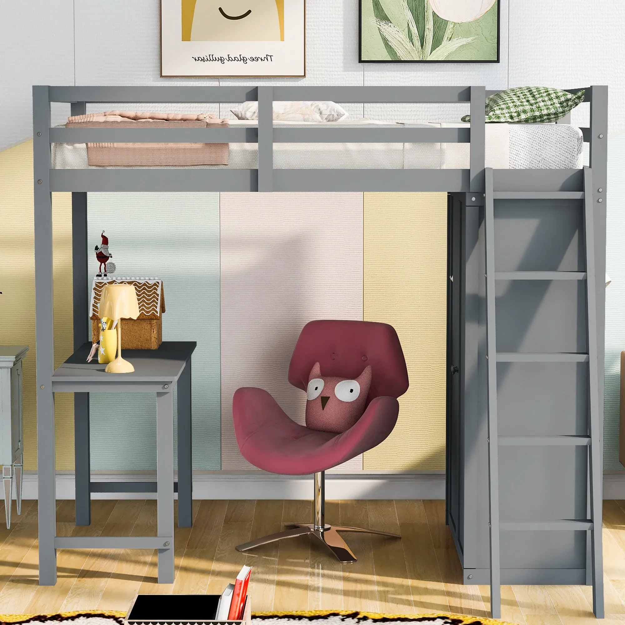 Twin Size Loft Bed with Wardrobe and Desk, Gray