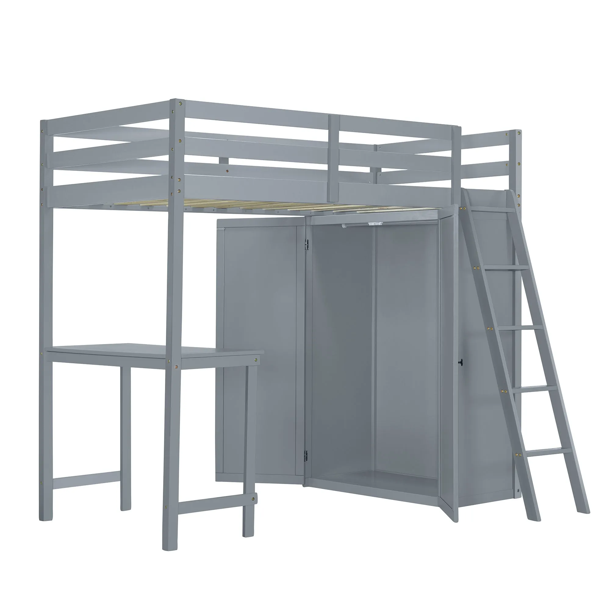 Twin Size Loft Bed with Wardrobe and Desk, Gray