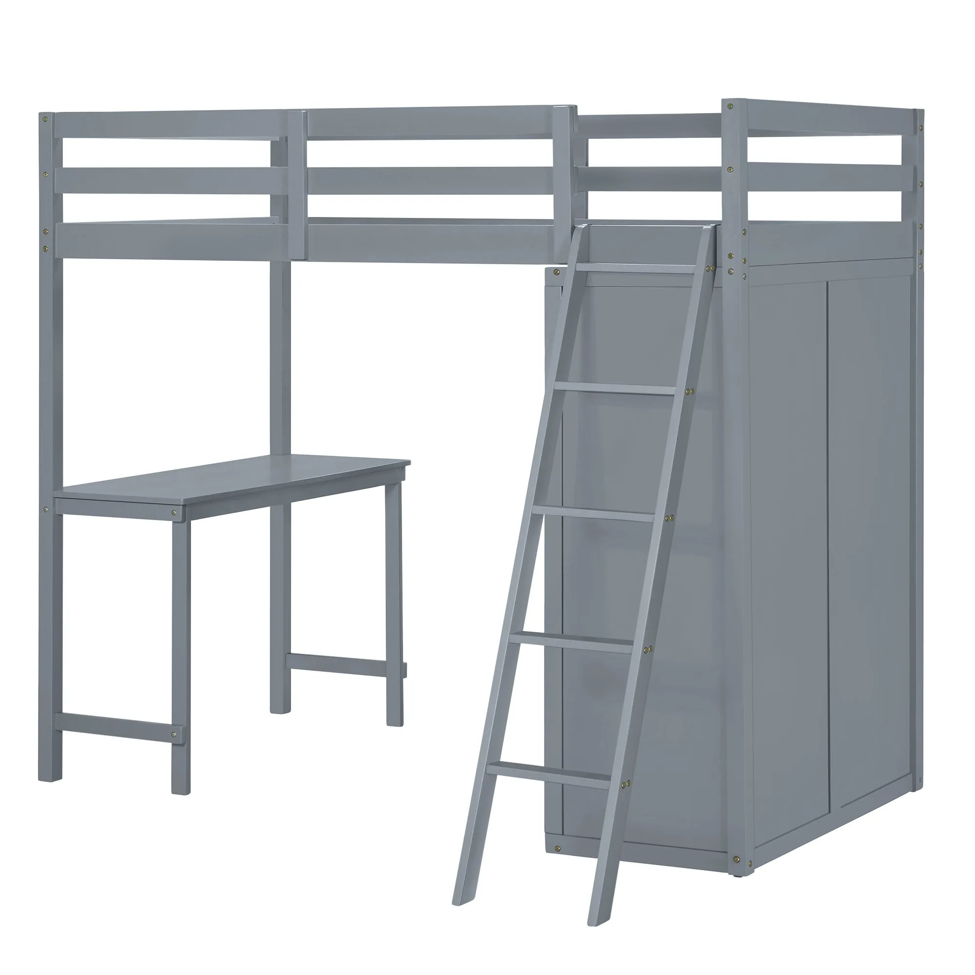 Twin Size Loft Bed with Wardrobe and Desk, Gray