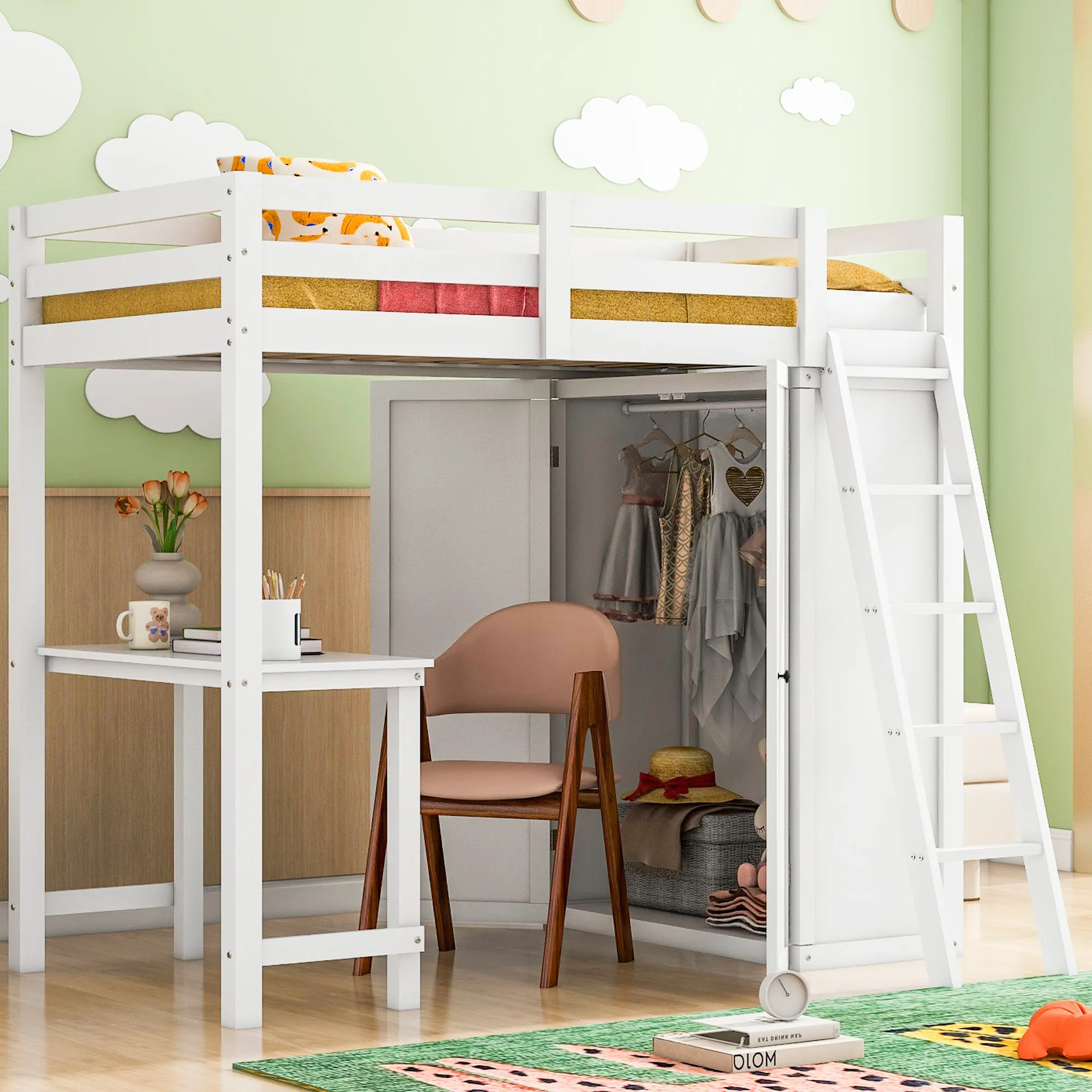 Twin Size Loft Bed with Wardrobe and Desk, White