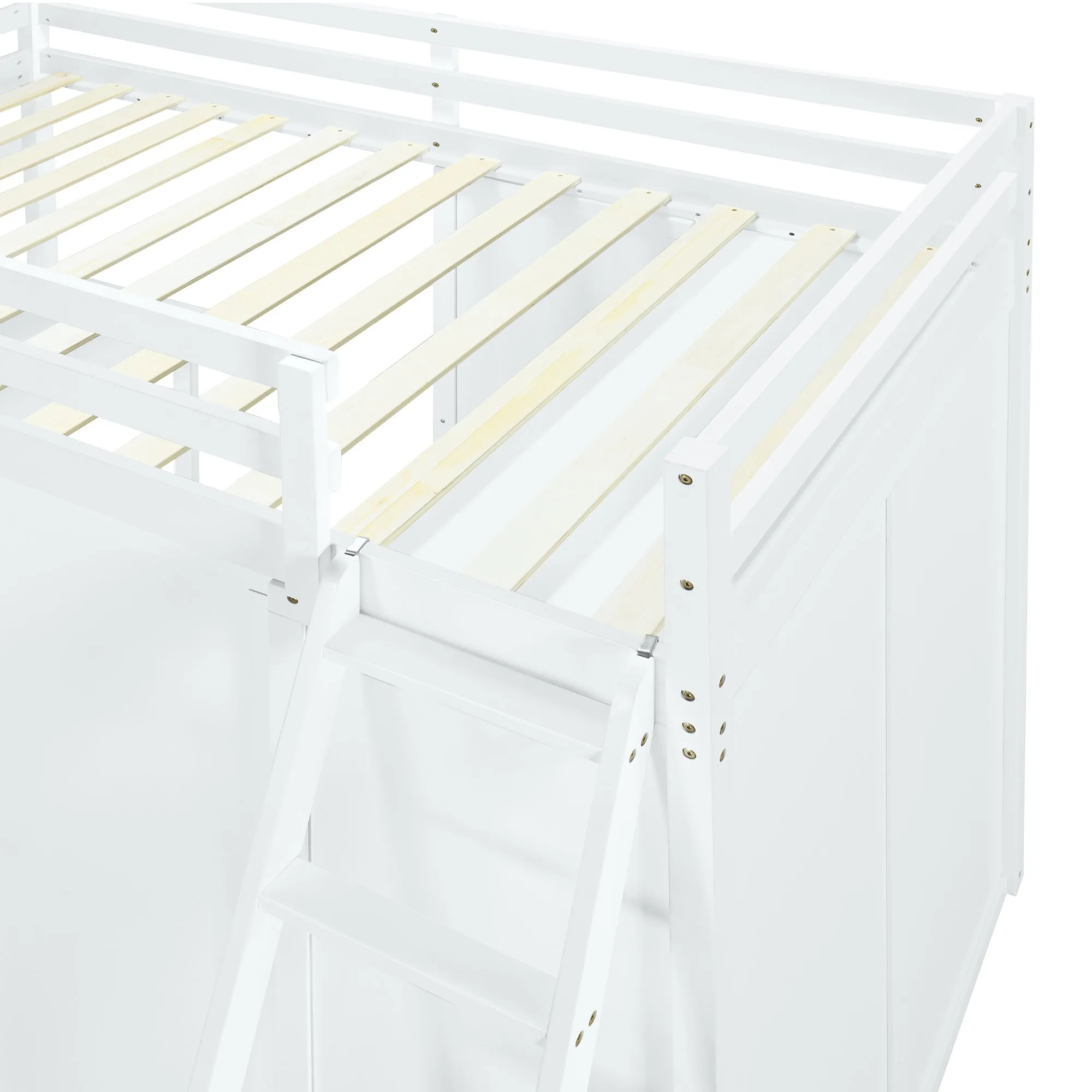 Twin Size Loft Bed with Wardrobe and Desk, White