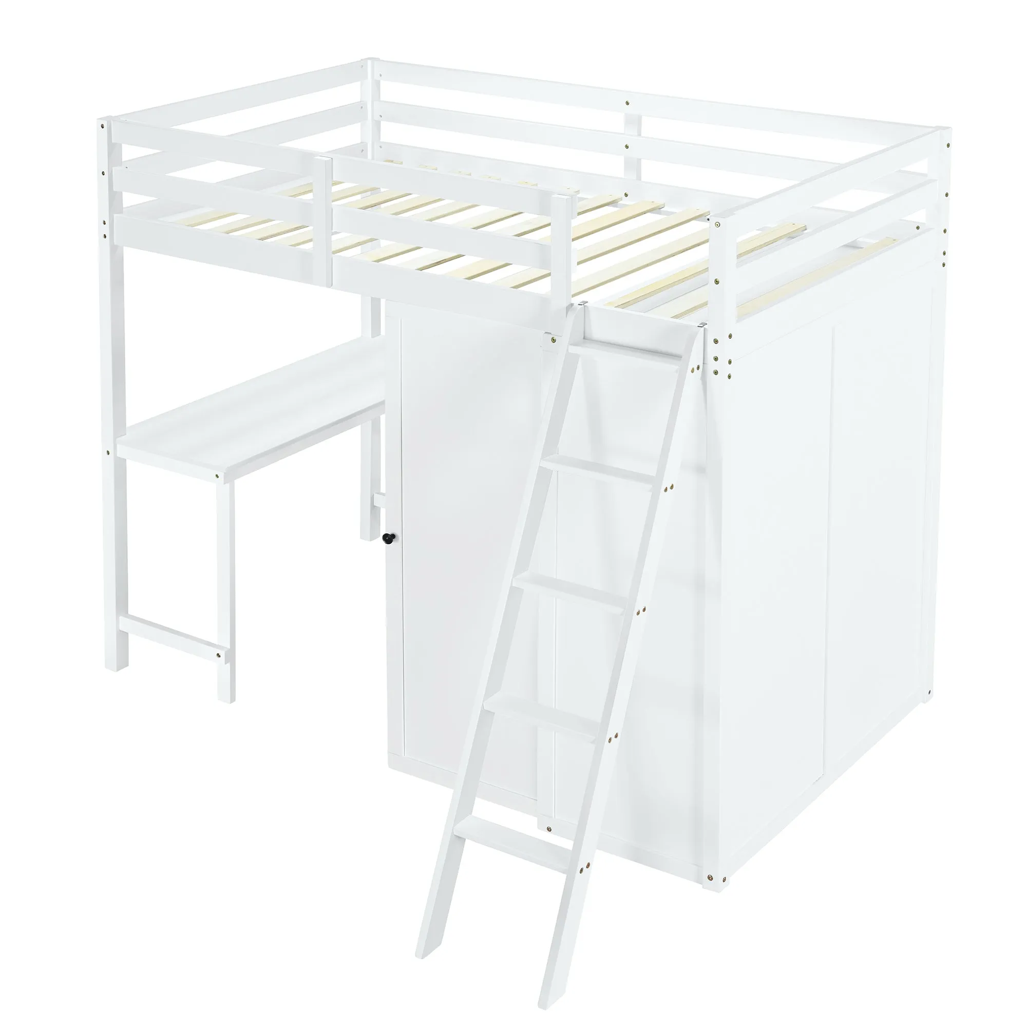 Twin Size Loft Bed with Wardrobe and Desk, White