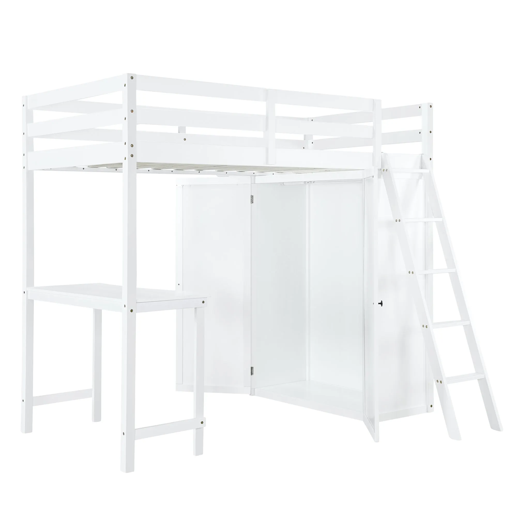 Twin Size Loft Bed with Wardrobe and Desk, White