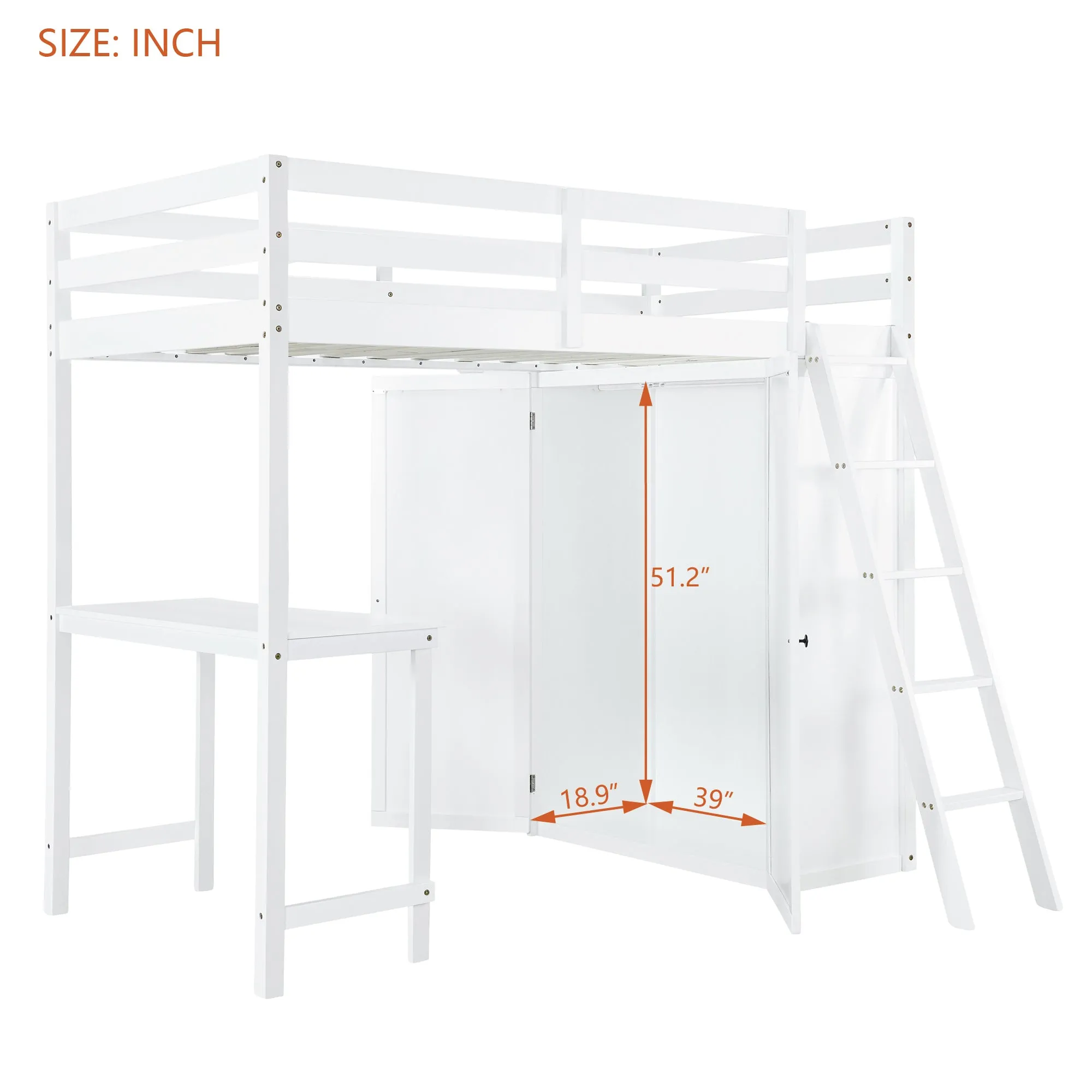 Twin Size Loft Bed with Wardrobe and Desk, White