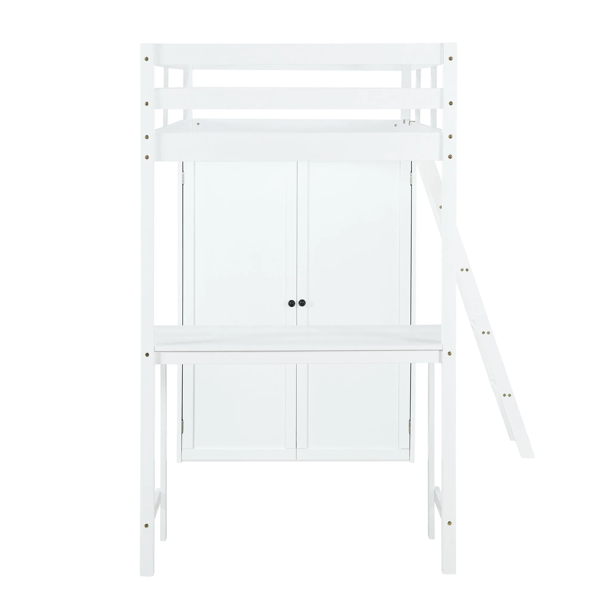 Twin Size Loft Bed with Wardrobe and Desk, White