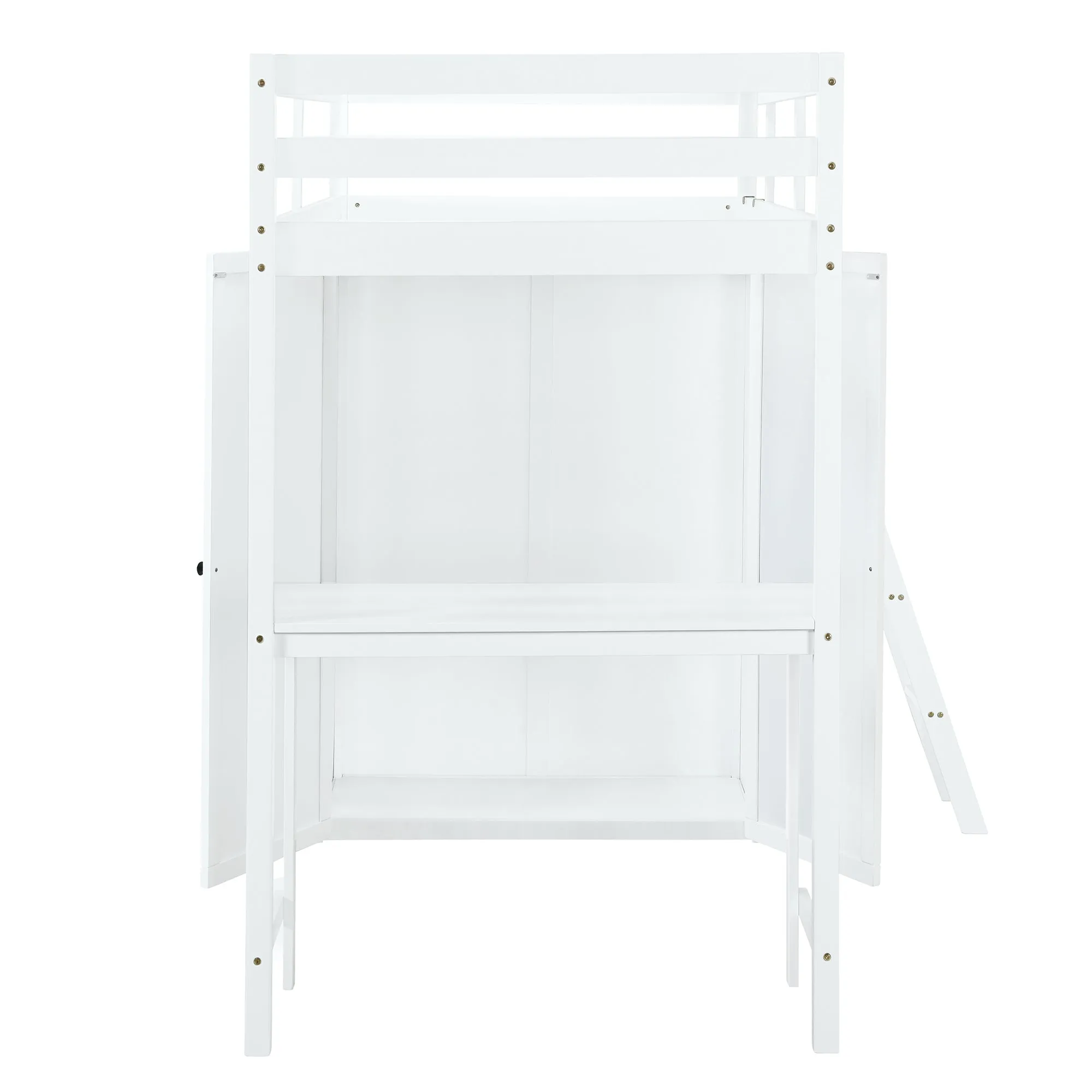 Twin Size Loft Bed with Wardrobe and Desk, White