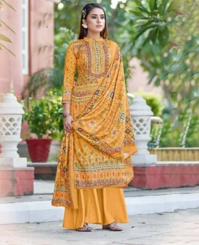 Unstitched Yellow Woolen Pashmina Winter Women Suits Set