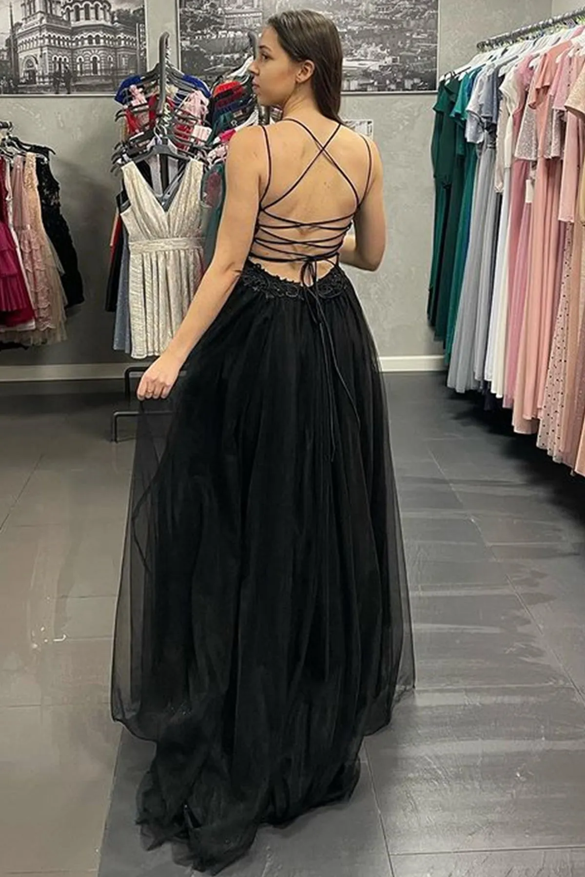 V Neck Backless Black Lace Long Prom Dress with Slit, Black Lace Formal Dress, Backless Black Evening Dress A1746