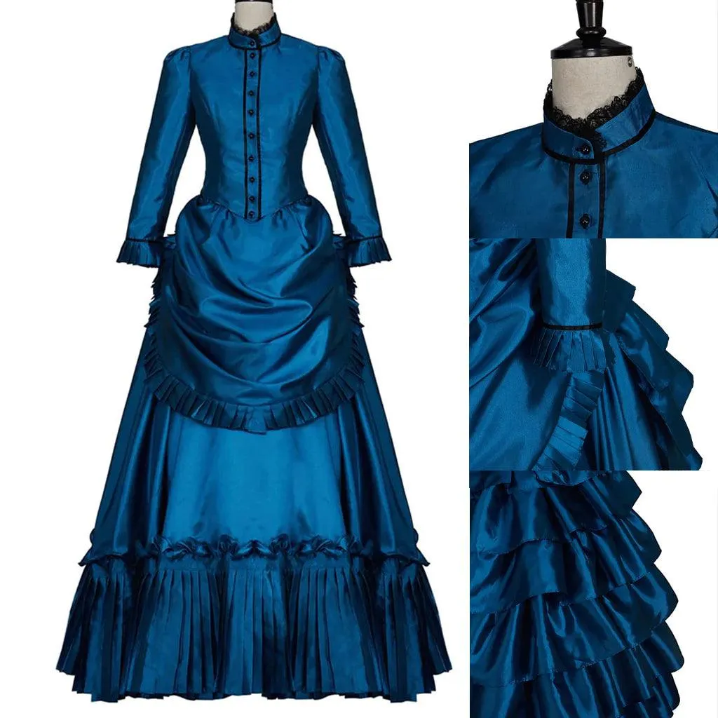 Victorian Gothic Vintage Dress, Elegant Ruffle Long Sleeves Wedding Wear For Women