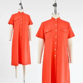 Vintage 70s Orvis Red Short Sleeve A-line Midi Tunic Shift Dress with Pockets size Medium