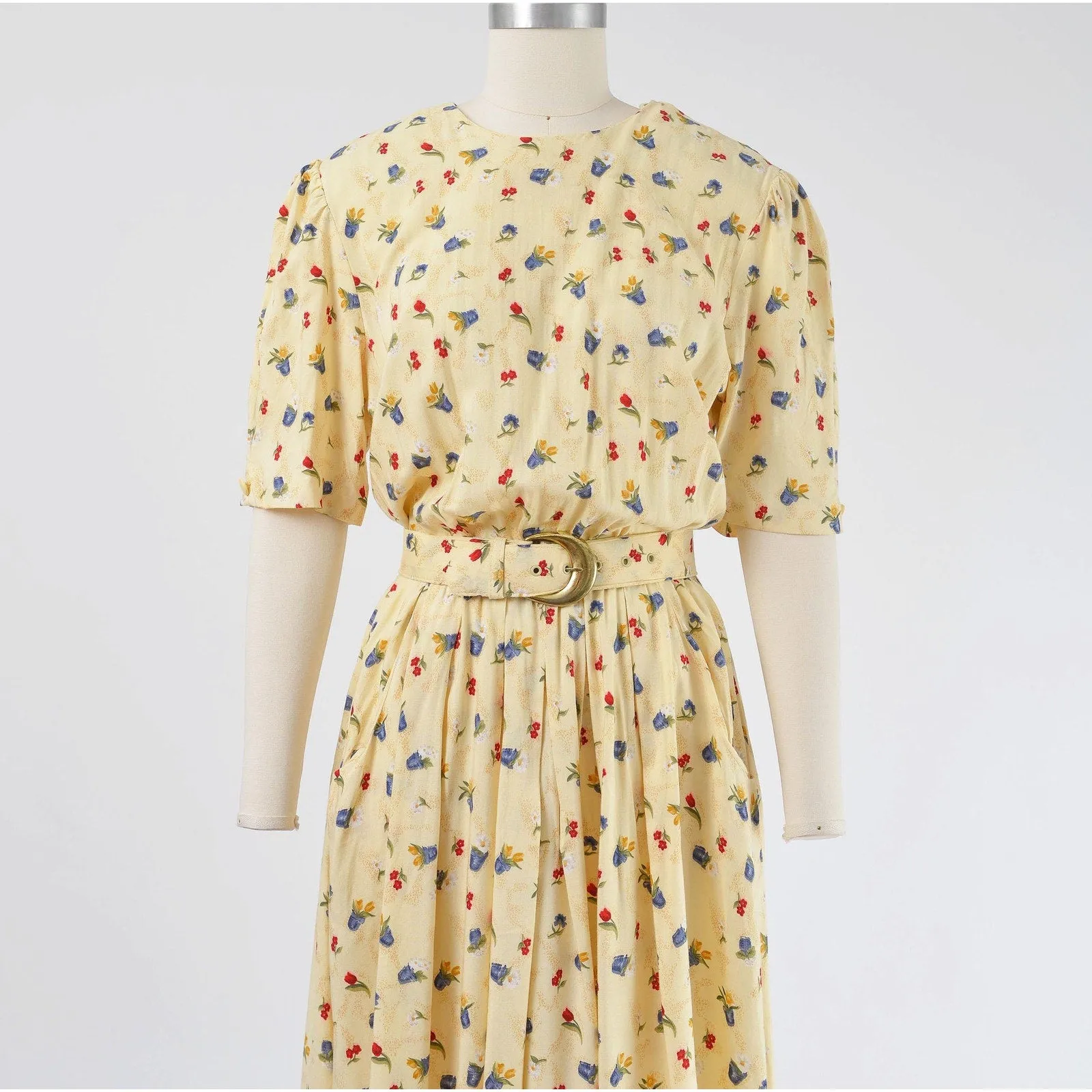 Vintage 90s Yellow Flower Pot Novelty Print Dress with Pockets and Belt S M