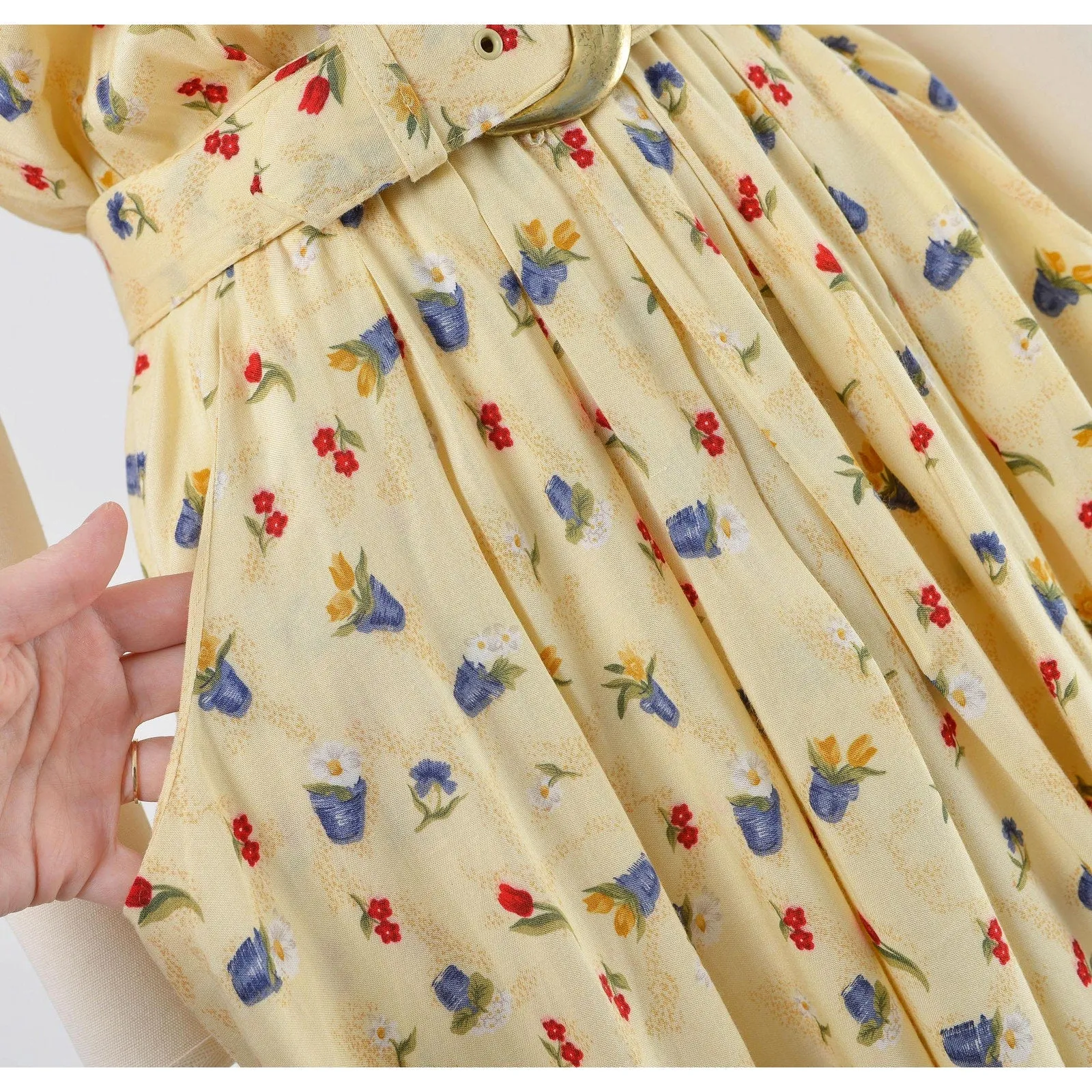 Vintage 90s Yellow Flower Pot Novelty Print Dress with Pockets and Belt S M