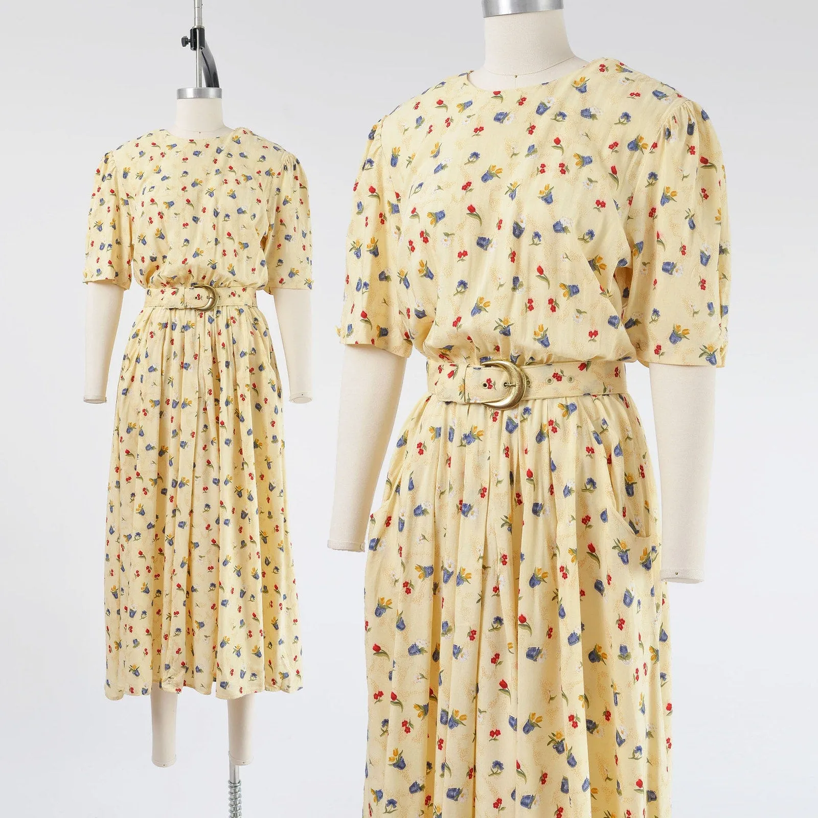 Vintage 90s Yellow Flower Pot Novelty Print Dress with Pockets and Belt S M