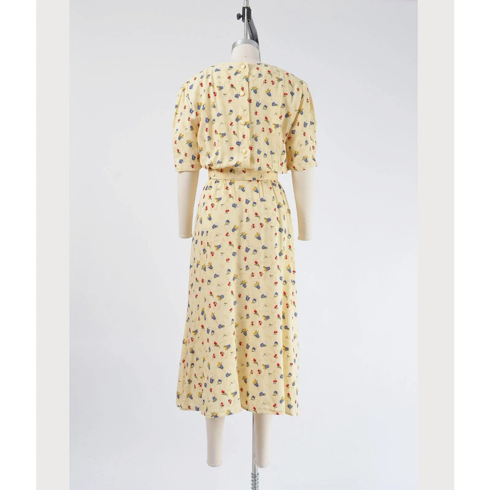 Vintage 90s Yellow Flower Pot Novelty Print Dress with Pockets and Belt S M