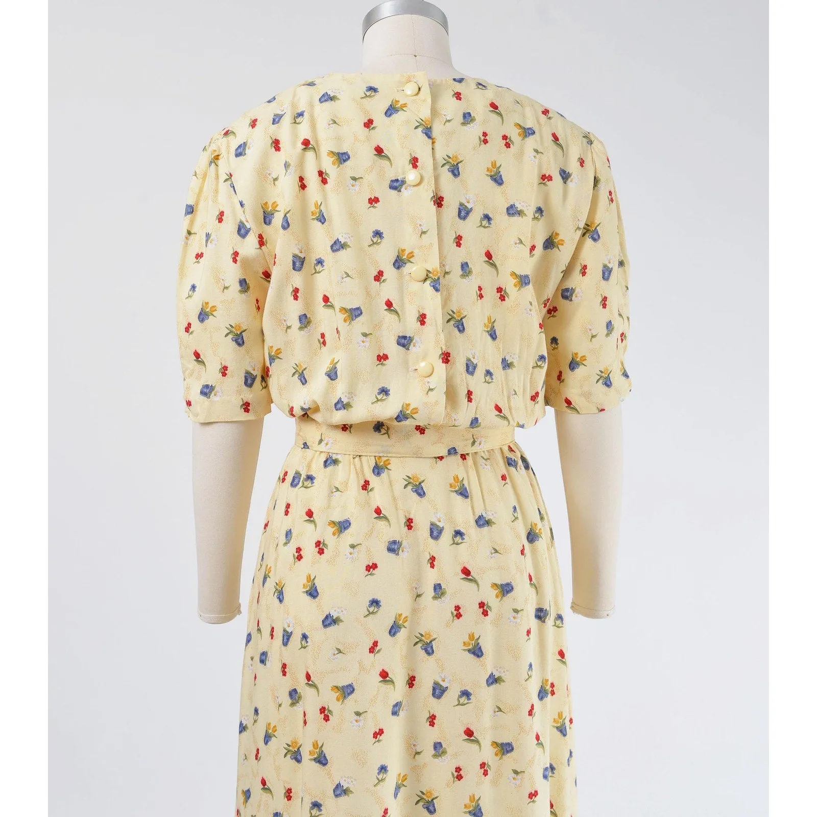 Vintage 90s Yellow Flower Pot Novelty Print Dress with Pockets and Belt S M