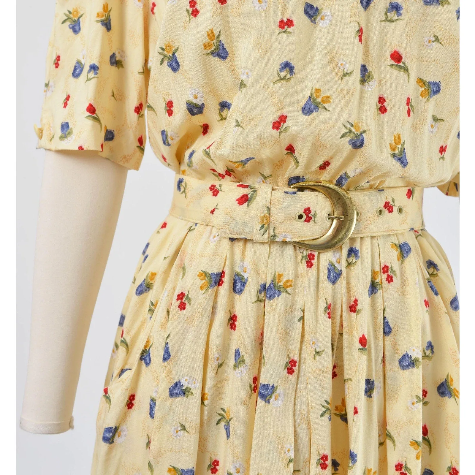 Vintage 90s Yellow Flower Pot Novelty Print Dress with Pockets and Belt S M