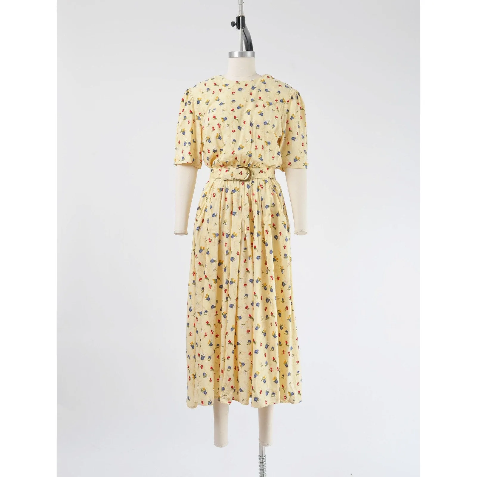 Vintage 90s Yellow Flower Pot Novelty Print Dress with Pockets and Belt S M