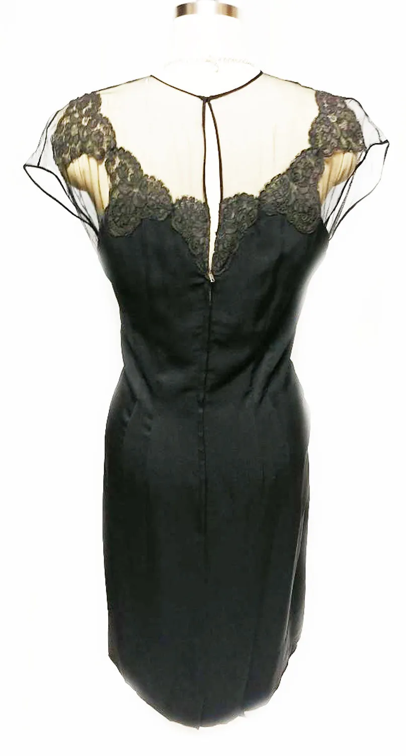 *VINTAGE "70S BLACK ILLUSION JEAN OF CALIFORNIA COCKTAIL DRESS ADORNED WITH CHANTILLY LACE