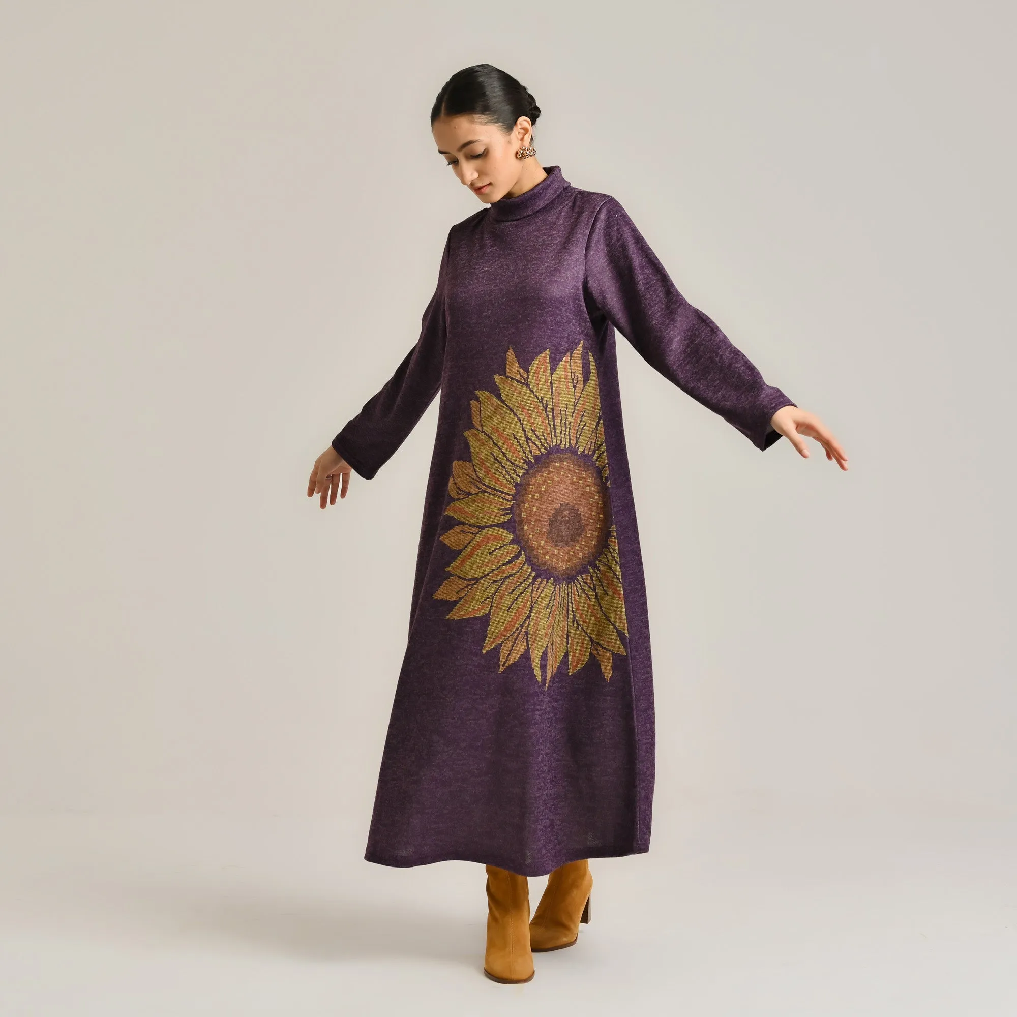 Violet Sunflower Statement Woollen Winter Dress