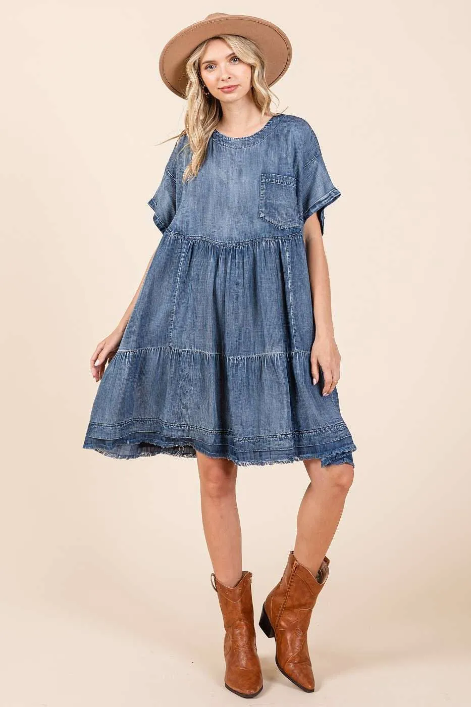 WASHED CHAMBRAY DENIM OVERSIZED TIER MINI DRESS