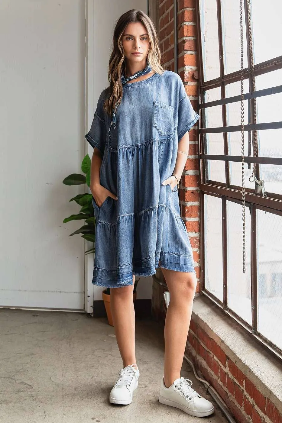 WASHED CHAMBRAY DENIM OVERSIZED TIER MINI DRESS