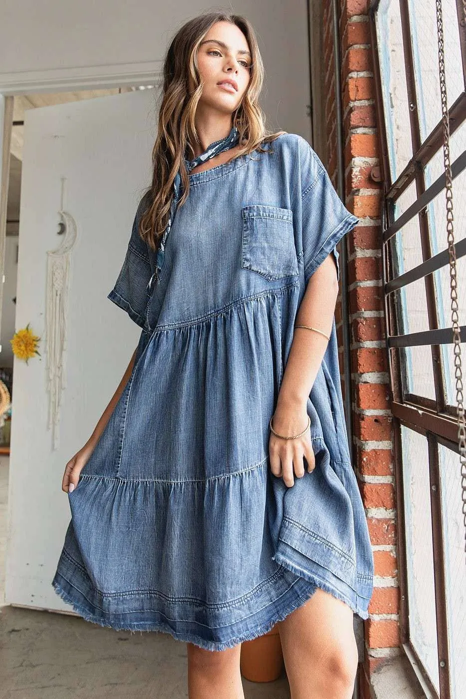 WASHED CHAMBRAY DENIM OVERSIZED TIER MINI DRESS