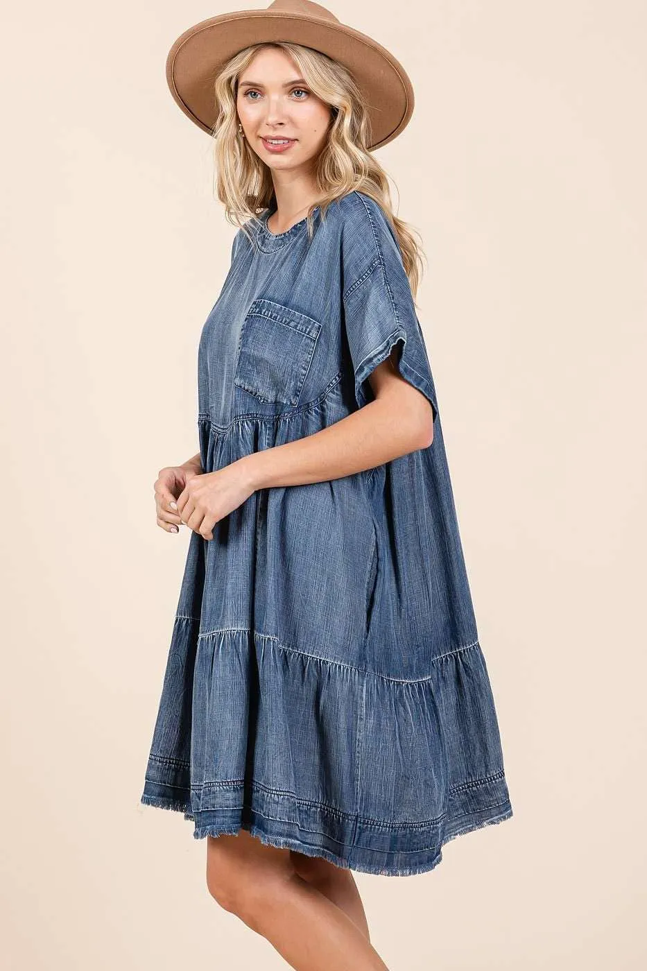 WASHED CHAMBRAY DENIM OVERSIZED TIER MINI DRESS