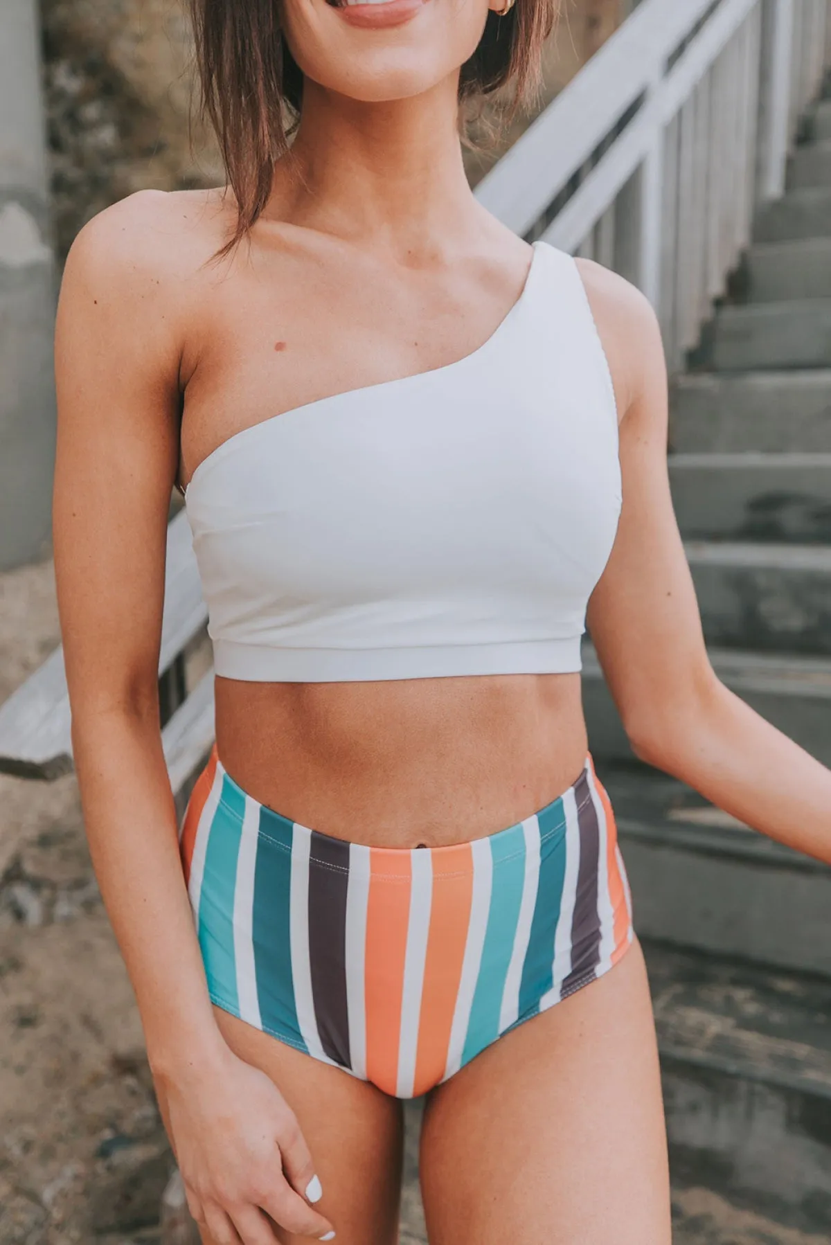 White One Shoulder Striped High Waist Two Pieces Swimsuit