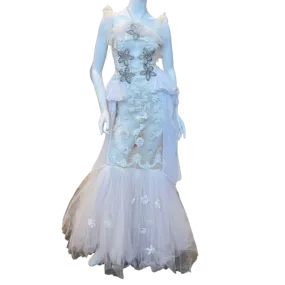 White Sheer Floral Ruffled Mermaid Gown w/Rhinestones