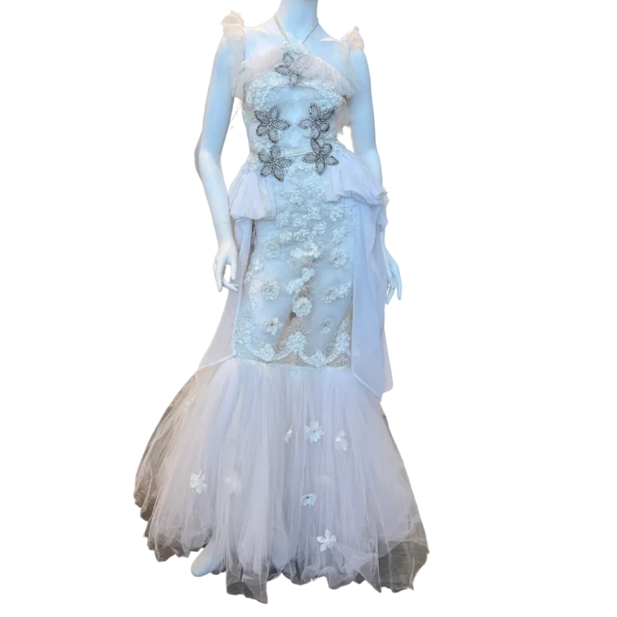 White Sheer Floral Ruffled Mermaid Gown w/Rhinestones