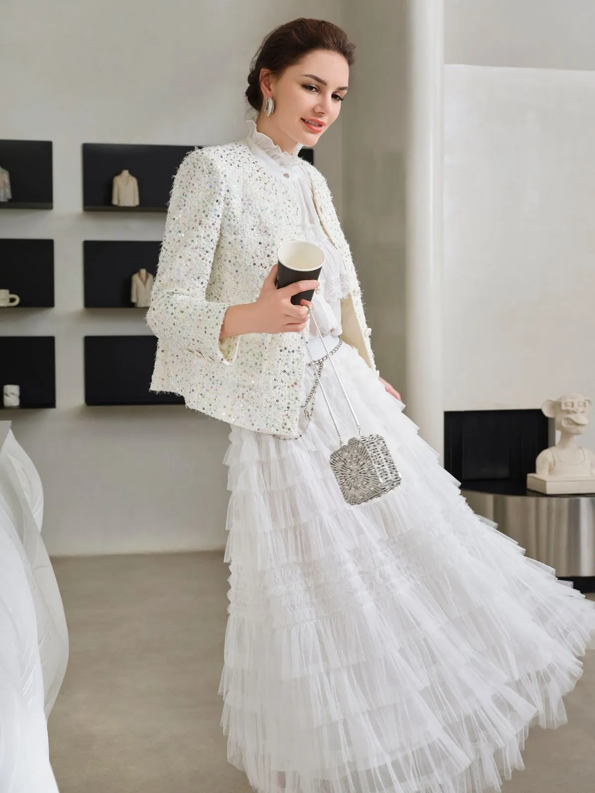 White Tulle Midi Skirt