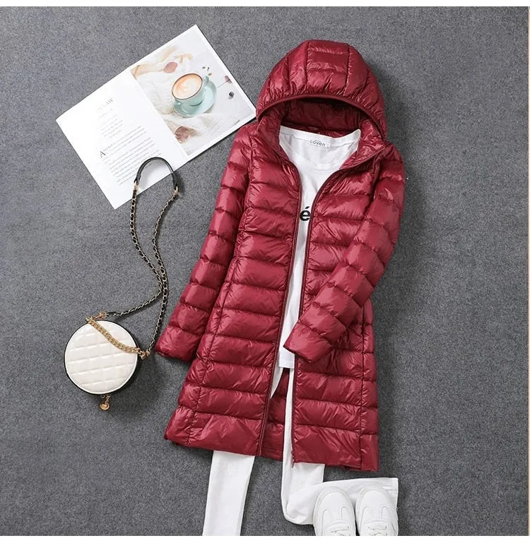 Women Down Jacket 2022 New Ultralight Thin Packable Down Long Jacket  Female Hat Detachable Slim Fit Skirt Coat Portable Outwear