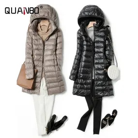 Women Down Jacket 2022 New Ultralight Thin Packable Down Long Jacket  Female Hat Detachable Slim Fit Skirt Coat Portable Outwear