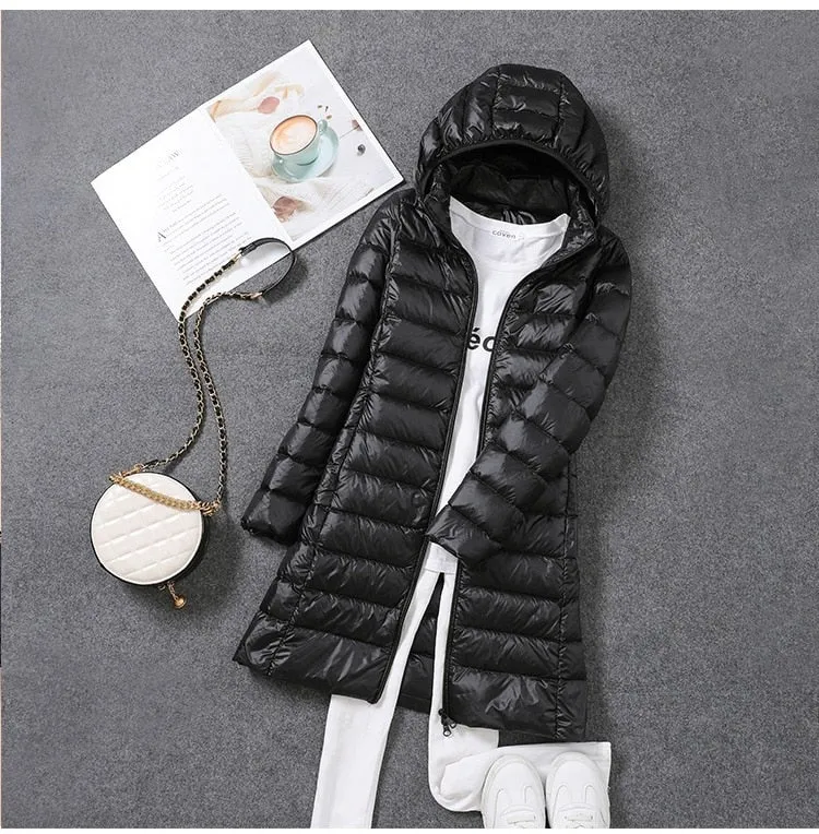 Women Down Jacket 2022 New Ultralight Thin Packable Down Long Jacket  Female Hat Detachable Slim Fit Skirt Coat Portable Outwear