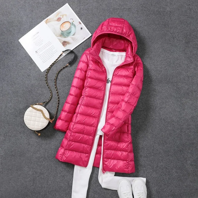 Women Down Jacket 2022 New Ultralight Thin Packable Down Long Jacket  Female Hat Detachable Slim Fit Skirt Coat Portable Outwear