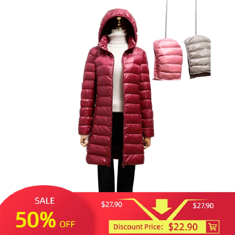 Women Down Jacket 2022 New Ultralight Thin Packable Down Long Jacket  Female Hat Detachable Slim Fit Skirt Coat Portable Outwear