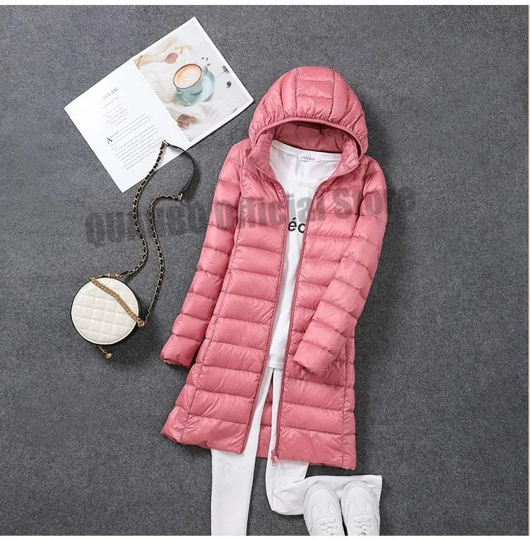 Women Down Jacket 2022 New Ultralight Thin Packable Down Long Jacket  Female Hat Detachable Slim Fit Skirt Coat Portable Outwear