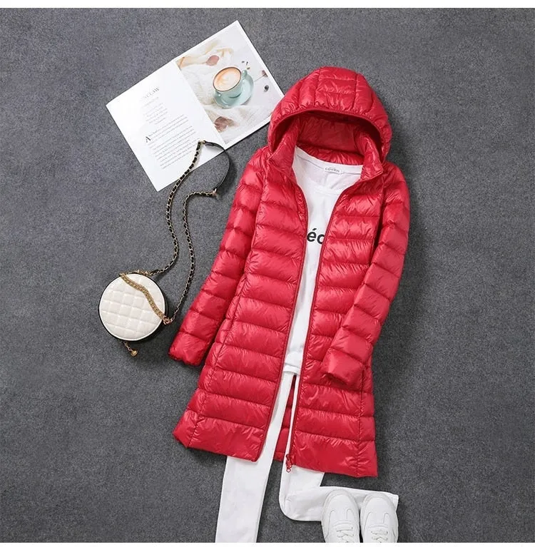 Women Down Jacket 2022 New Ultralight Thin Packable Down Long Jacket  Female Hat Detachable Slim Fit Skirt Coat Portable Outwear